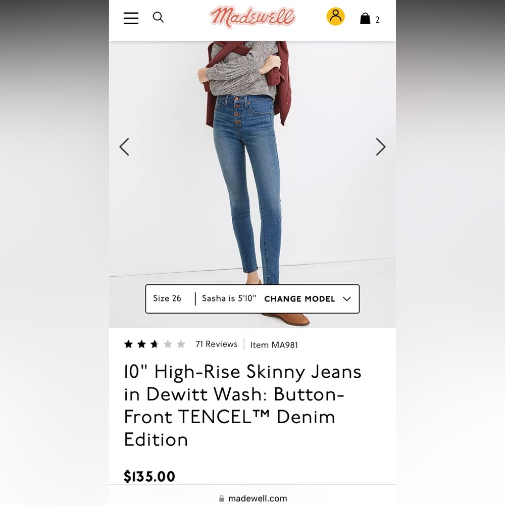 10" High-Rise Madewell Skinny Jeans in Dewitt Wash: Button-Front TENCEL™ Size 25